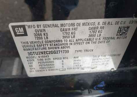 2016 GMC Sierra 1500 Slt from USA, damaged, VIN 3GTU2NEC2GG271739
